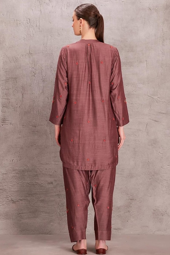 Brown Muga Silk Floral Embroidered Kurta Set by JANKI INDIA at Pernia's Pop Up Shop