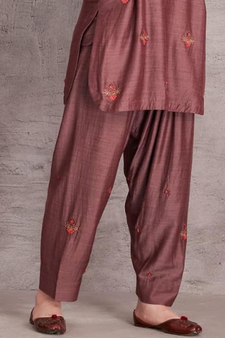 Brown Muga Silk Floral Embroidered Kurta Set by JANKI INDIA at Pernia's Pop Up Shop