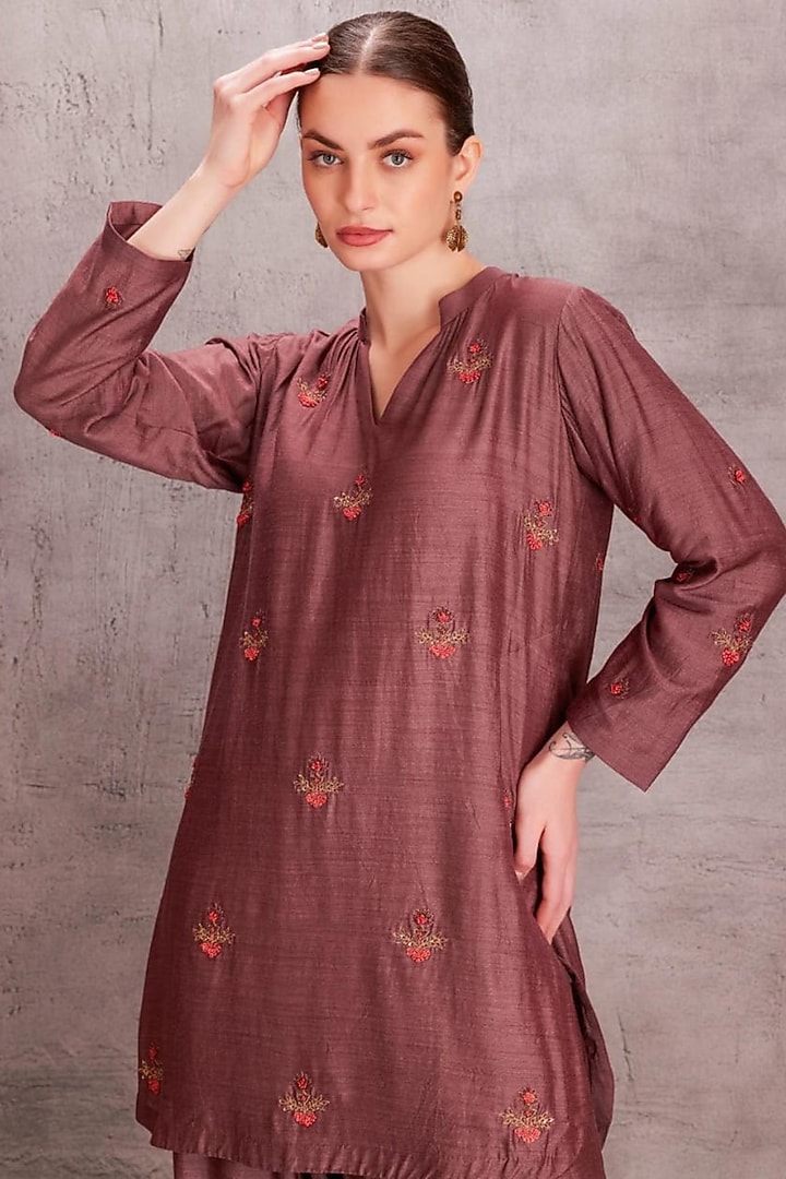 Brown Muga Silk Floral Embroidered Kurta Set by JANKI INDIA at Pernia's Pop Up Shop