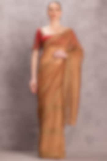 Golden Silk Organza Thread & Sequins Work Wedding Saree Set by JANKI INDIA at Pernia's Pop Up Shop