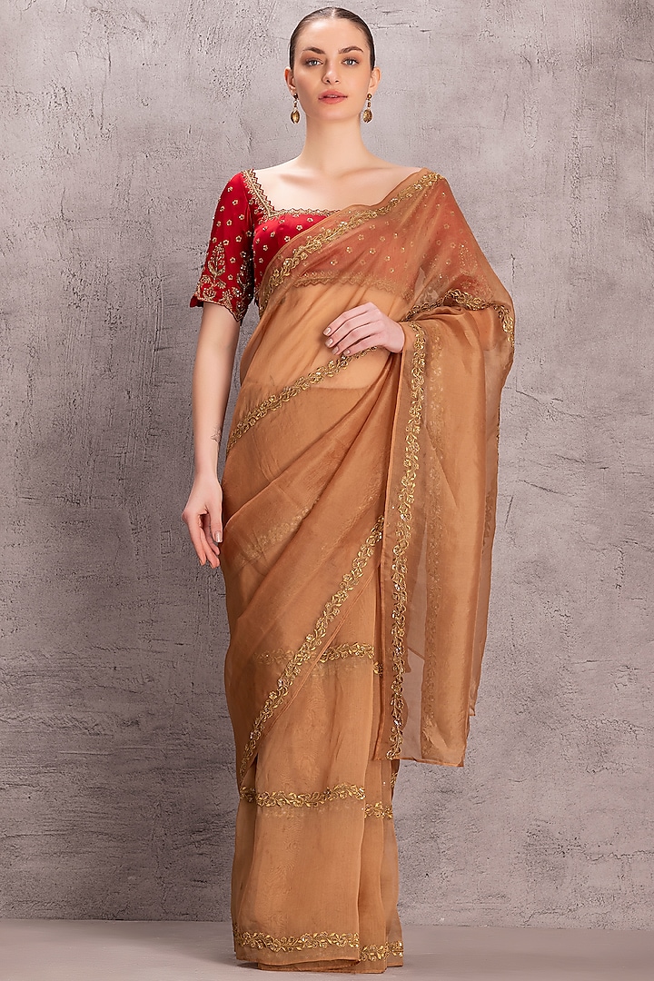 Golden Silk Organza Thread & Sequins Work Wedding Saree Set by JANKI INDIA at Pernia's Pop Up Shop