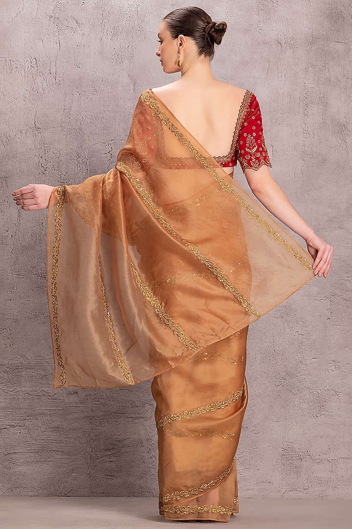 Golden Silk Organza Thread & Sequins Work Wedding Saree Set by JANKI INDIA at Pernia's Pop Up Shop