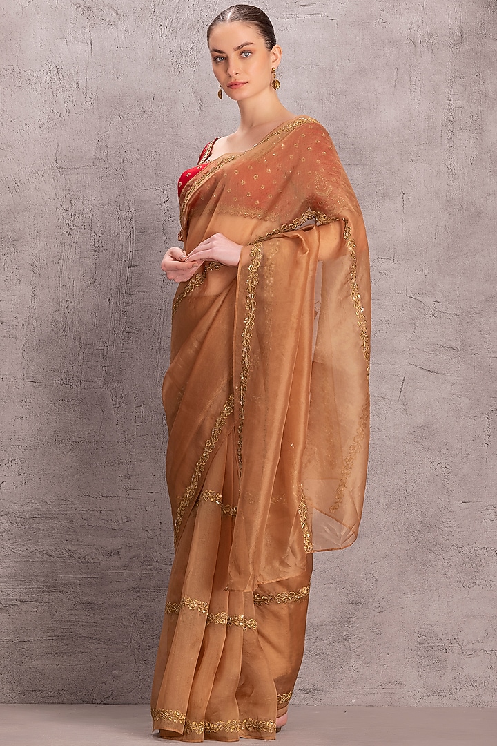 Golden Silk Organza Thread & Sequins Work Wedding Saree Set by JANKI INDIA at Pernia's Pop Up Shop
