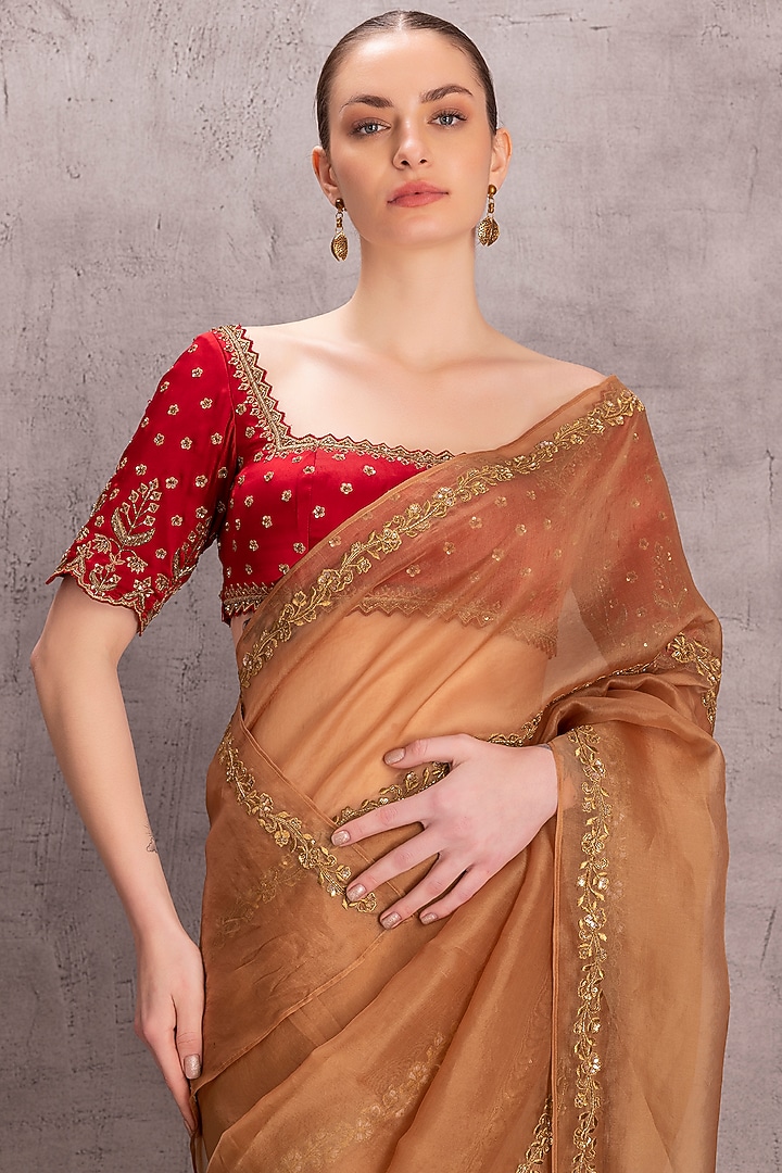 Golden Silk Organza Thread & Sequins Work Wedding Saree Set by JANKI INDIA at Pernia's Pop Up Shop