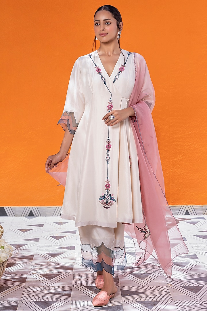 Ivory Habutai Silk Thread Hand Embroidered Angrakha Kurta Set by JANKI INDIA at Pernia's Pop Up Shop