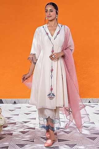Ivory Habutai Silk Thread Hand Embroidered Angrakha Kurta Set by JANKI INDIA