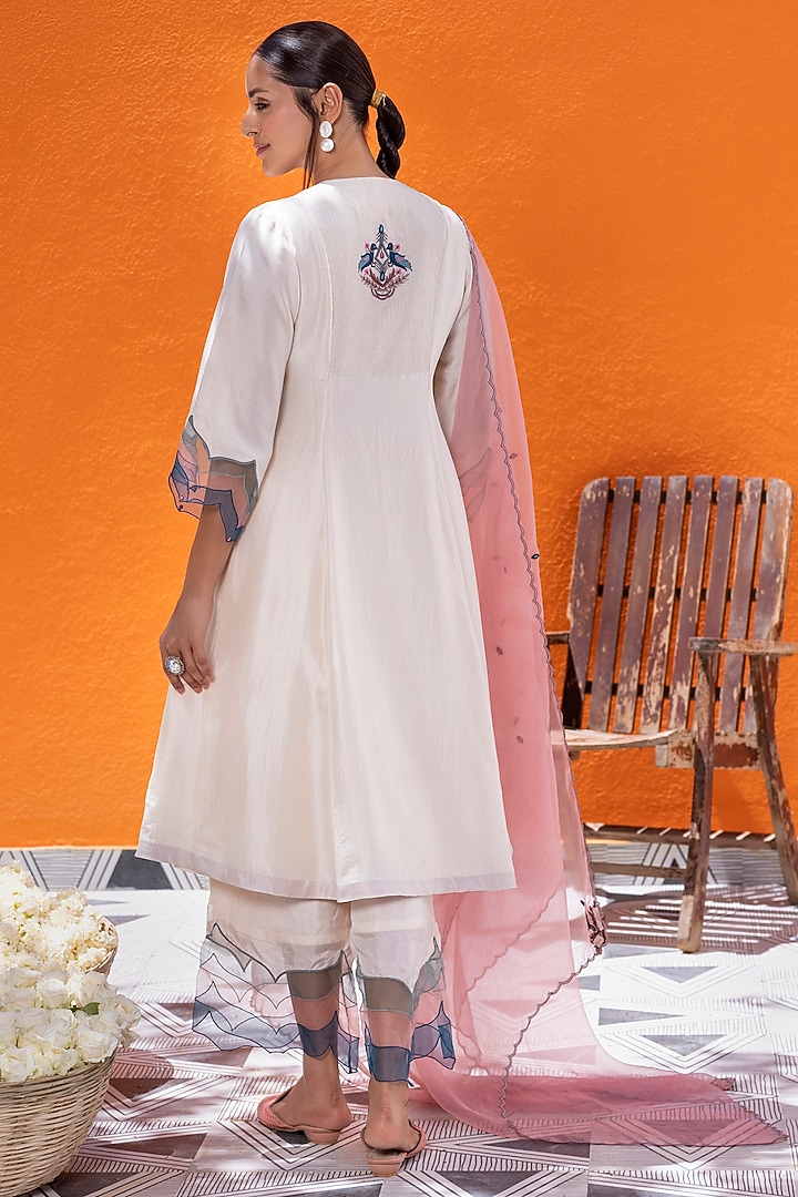 Ivory Habutai Silk Thread Hand Embroidered Angrakha Kurta Set by JANKI INDIA at Pernia's Pop Up Shop
