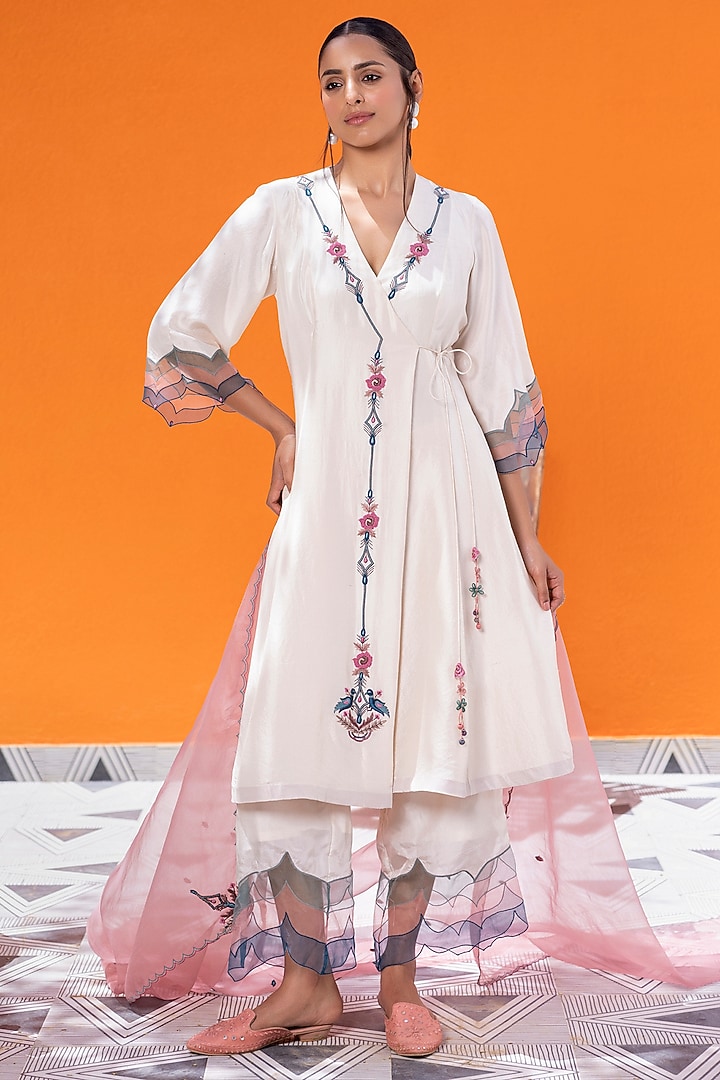 Ivory Habutai Silk Thread Hand Embroidered Angrakha Kurta Set by JANKI INDIA at Pernia's Pop Up Shop