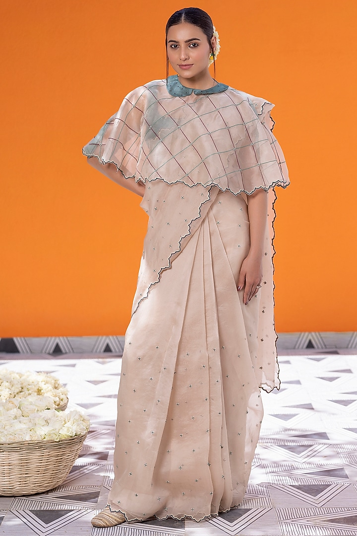 Ivory Organza Knot Embroidered Jacket Party Wear Saree Set by JANKI INDIA at Pernia's Pop Up Shop