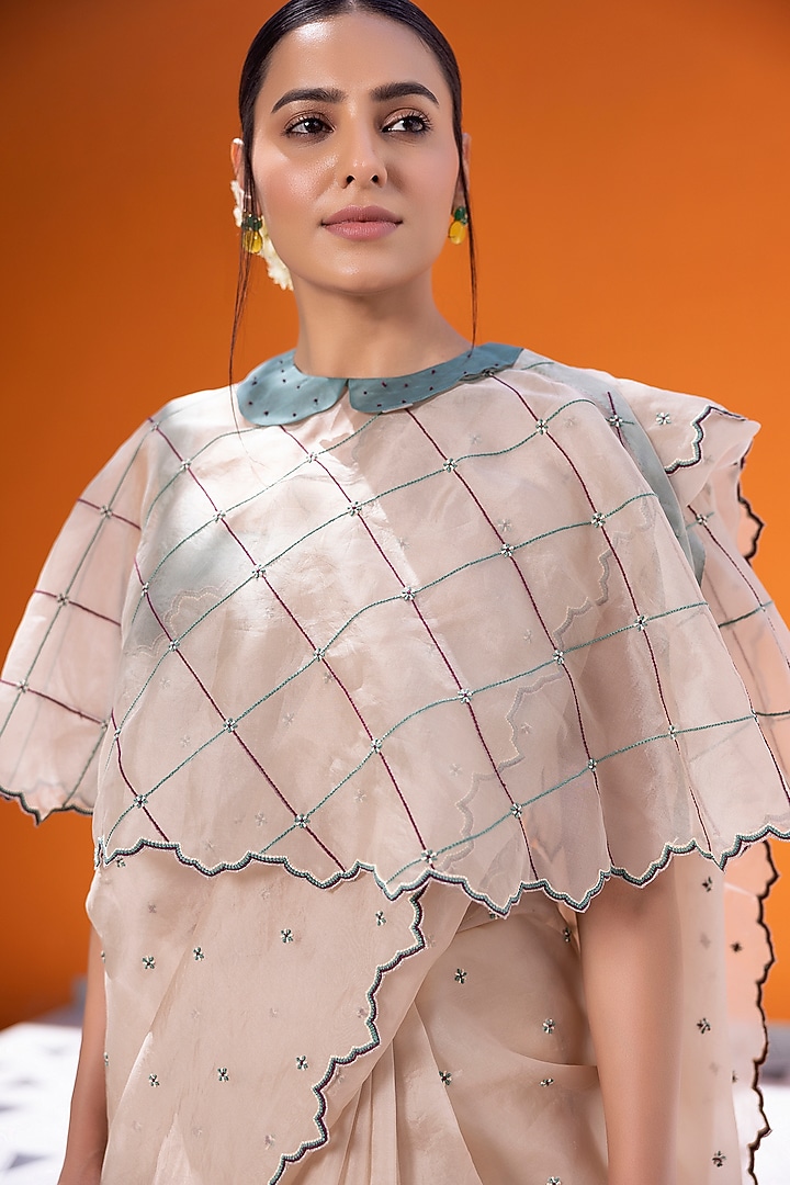Ivory Organza Knot Embroidered Jacket Party Wear Saree Set by JANKI INDIA at Pernia's Pop Up Shop