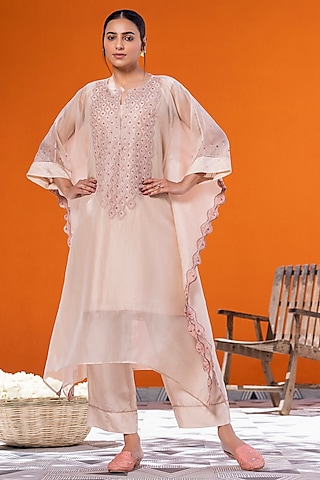 Rose Gold Organza Thread Embroidered Kaftan Set by JANKI INDIA