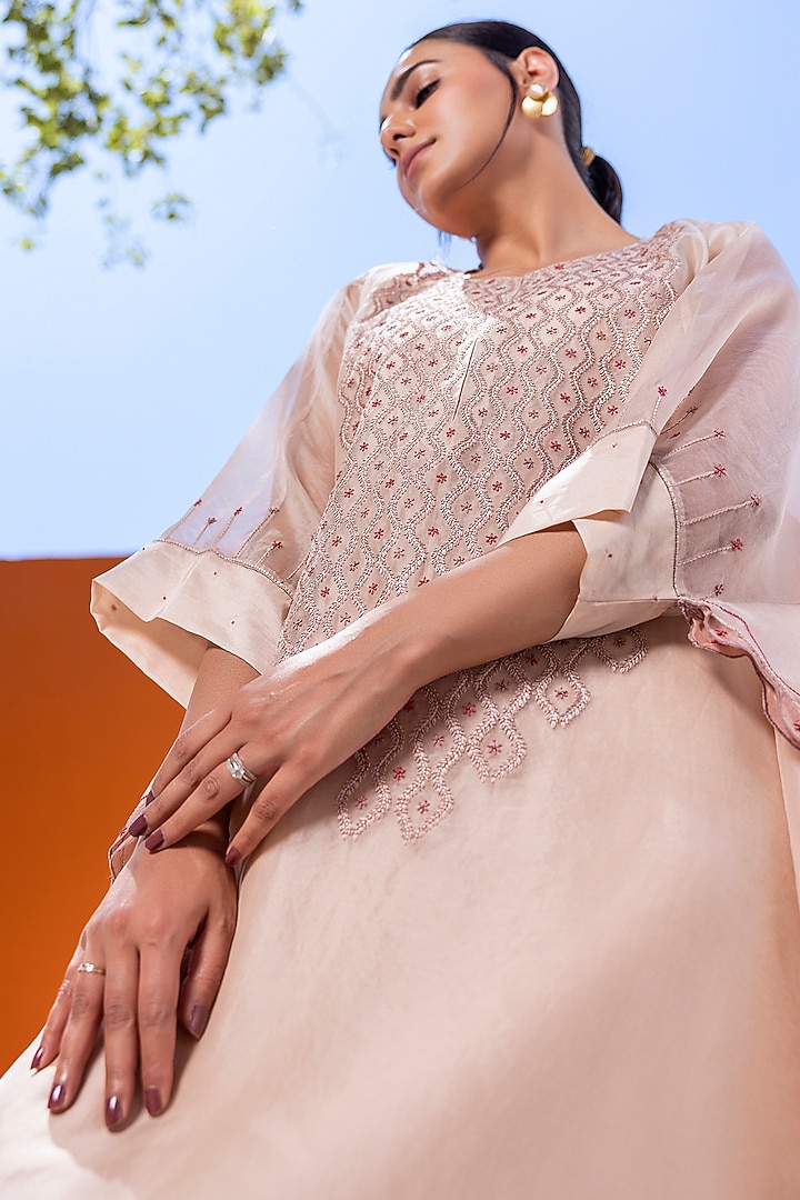 Rose Gold Organza Thread Embroidered Kaftan Set by JANKI INDIA at Pernia's Pop Up Shop