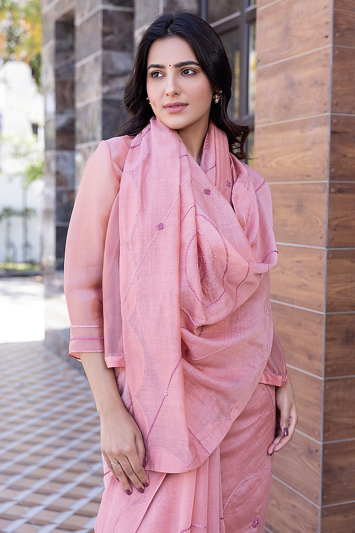 Peach Chanderi Embroidered Jacket Wedding Saree Set by JANKI INDIA at Pernia's Pop Up Shop