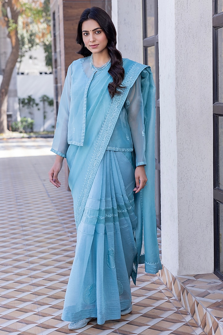 Sky Blue Chanderi & Organza Embroidered Jacket Saree Set by JANKI INDIA at Pernia's Pop Up Shop