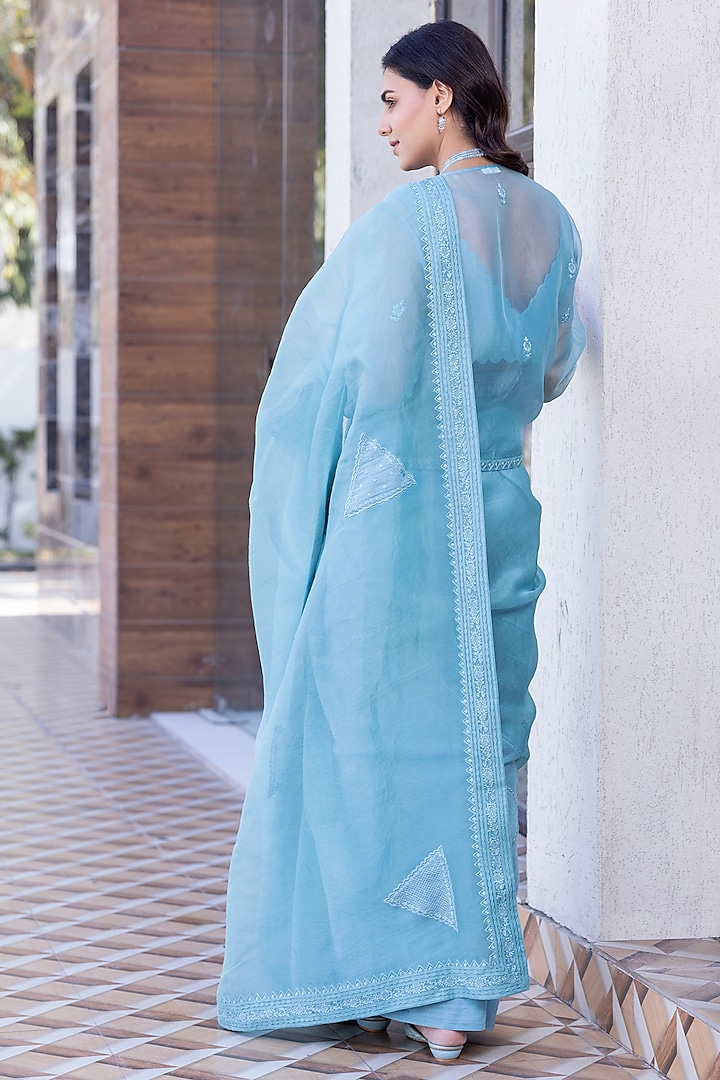Sky Blue Chanderi & Organza Embroidered Jacket Wedding Saree Set by JANKI INDIA at Pernia's Pop Up Shop