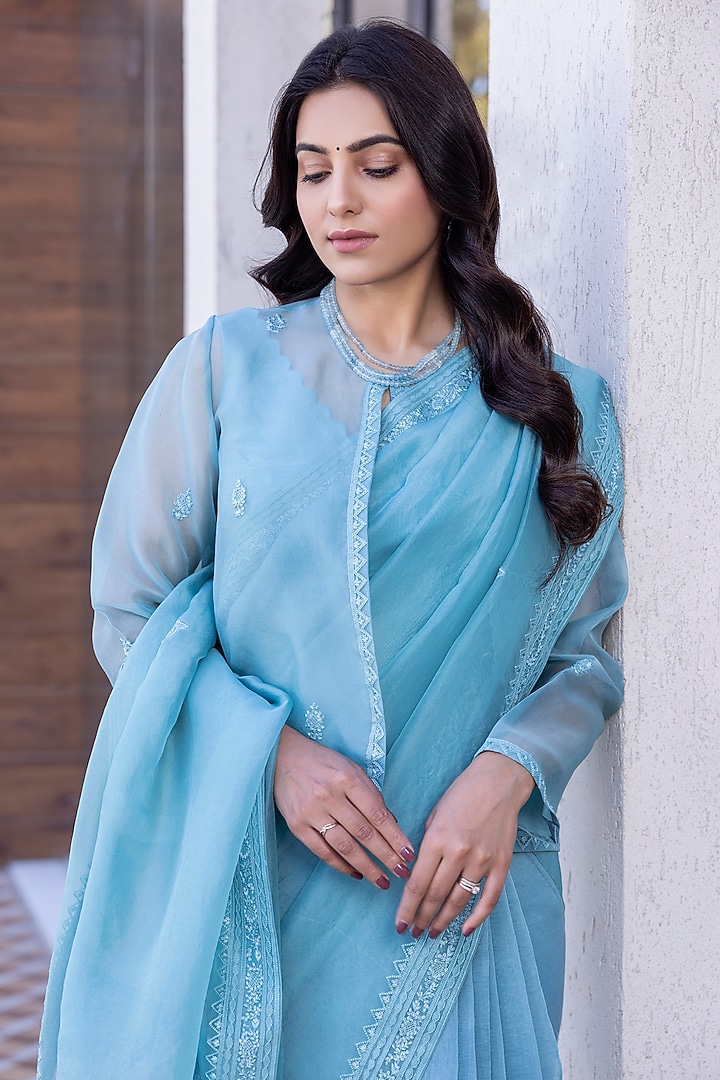 Sky Blue Chanderi & Organza Embroidered Jacket Wedding Saree Set by JANKI INDIA at Pernia's Pop Up Shop
