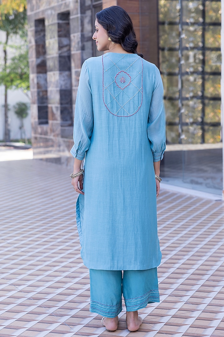 Sky Blue Chanderi Thread Embroidered Kurta Set by JANKI INDIA at Pernia's Pop Up Shop