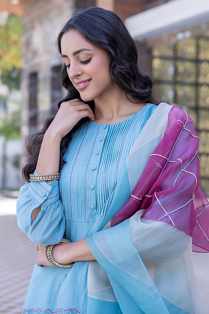 Sky Blue Chanderi Thread Embroidered Kurta Set by JANKI INDIA at Pernia's Pop Up Shop
