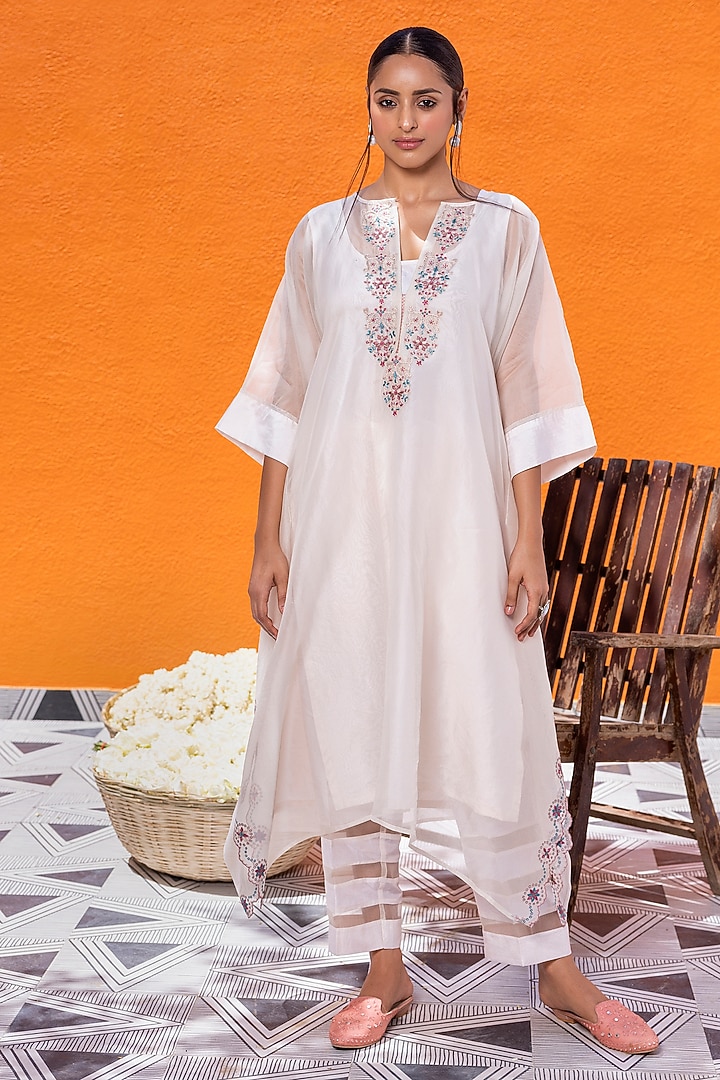 Ivory Organza Paisley & Thread Embroidered Kaftan Set by JANKI INDIA at Pernia's Pop Up Shop