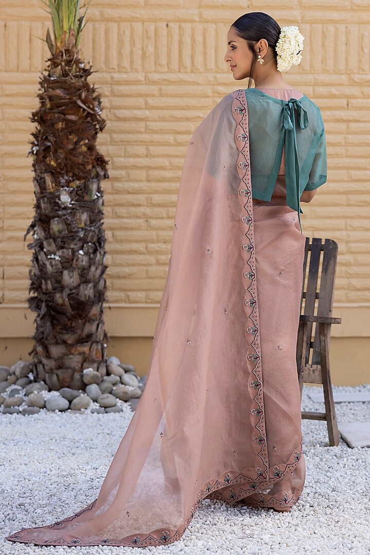 Rose Gold Organza Resham & Thread Embroidered Jacket Wedding Saree Set by JANKI INDIA at Pernia's Pop Up Shop
