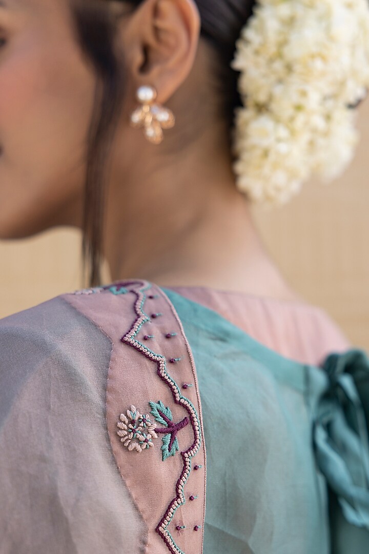 Rose Gold Organza Resham & Thread Embroidered Jacket Wedding Saree Set by JANKI INDIA at Pernia's Pop Up Shop