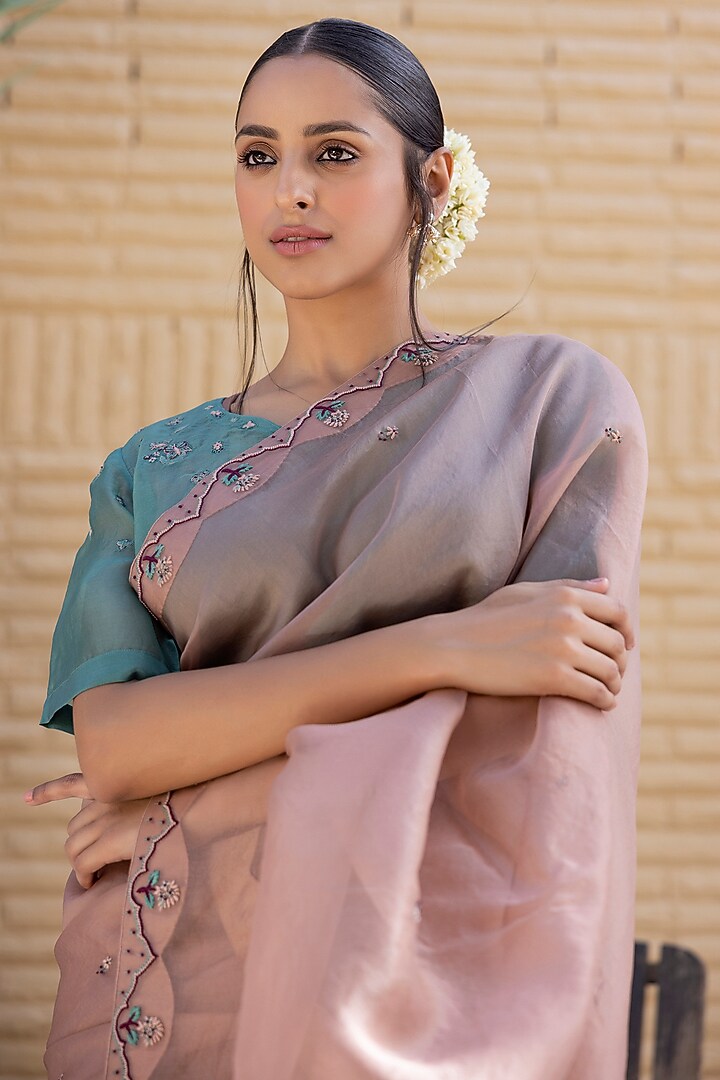 Rose Gold Organza Resham & Thread Embroidered Jacket Wedding Saree Set by JANKI INDIA at Pernia's Pop Up Shop