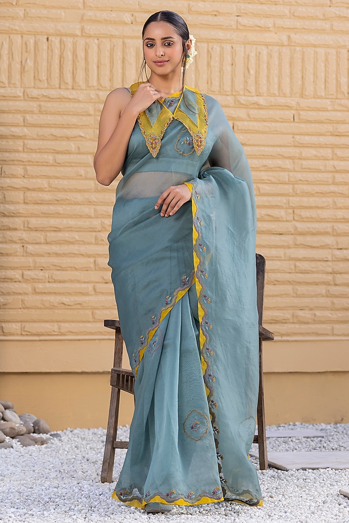 Teal Organza Embroidered Wedding Saree Set by JANKI INDIA at Pernia's Pop Up Shop
