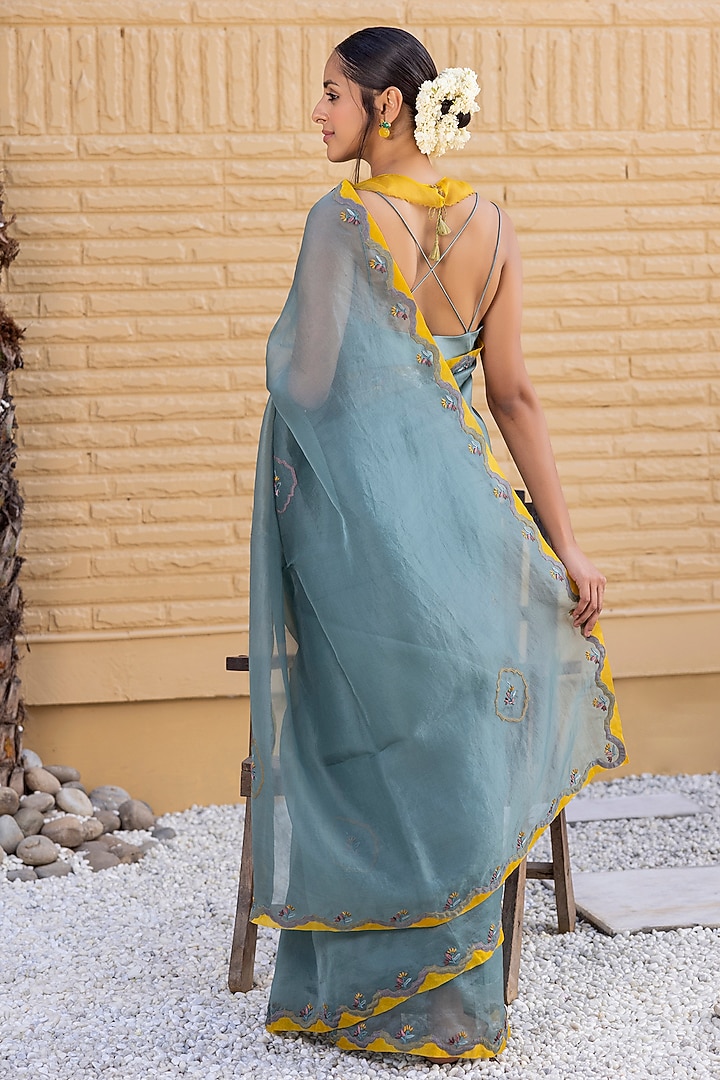 Teal Organza Embroidered Wedding Saree Set by JANKI INDIA at Pernia's Pop Up Shop