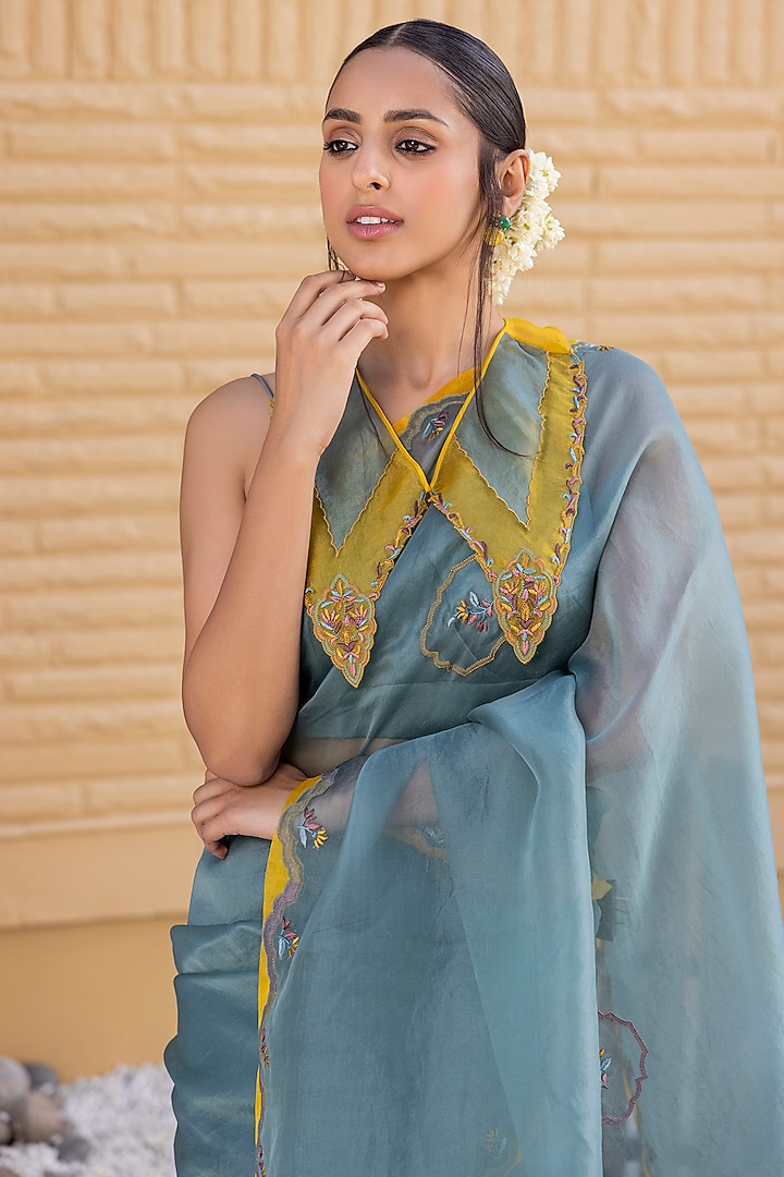 Teal Organza Embroidered Wedding Saree Set by JANKI INDIA at Pernia's Pop Up Shop