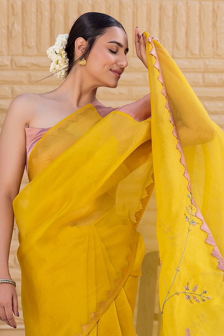 Yellow & Pink Satin Silk Jaal Embroidered Wedding Saree Set by JANKI INDIA at Pernia's Pop Up Shop