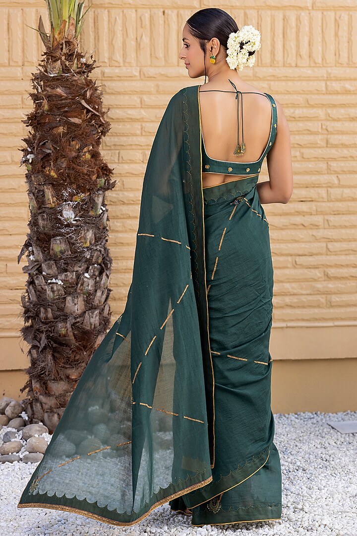 Emerald Green Chanderi Dabka Work Wedding Saree Set by JANKI INDIA at Pernia's Pop Up Shop