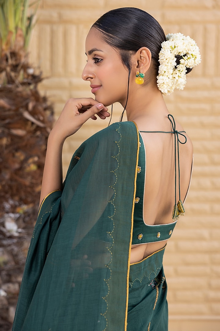 Emerald Green Chanderi Dabka Work Wedding Saree Set by JANKI INDIA at Pernia's Pop Up Shop