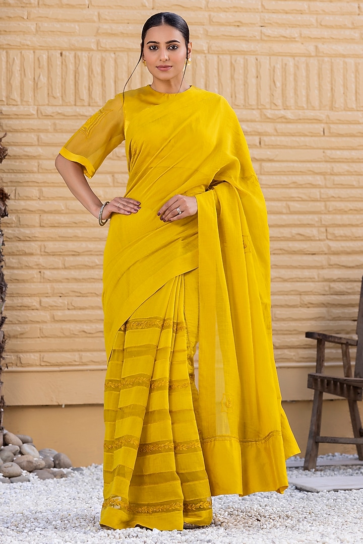 Yellow Organza Chanderi Resham & Thread Embroidered Wedding Saree Set by JANKI INDIA at Pernia's Pop Up Shop