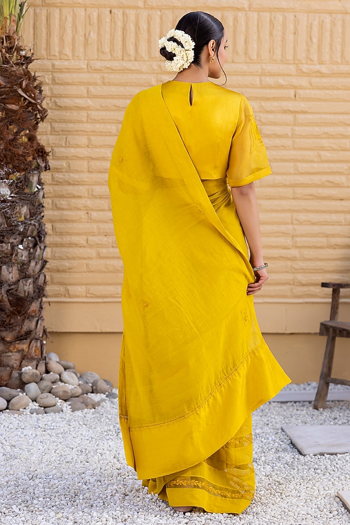 Yellow Organza Chanderi Resham & Thread Embroidered Wedding Saree Set by JANKI INDIA at Pernia's Pop Up Shop