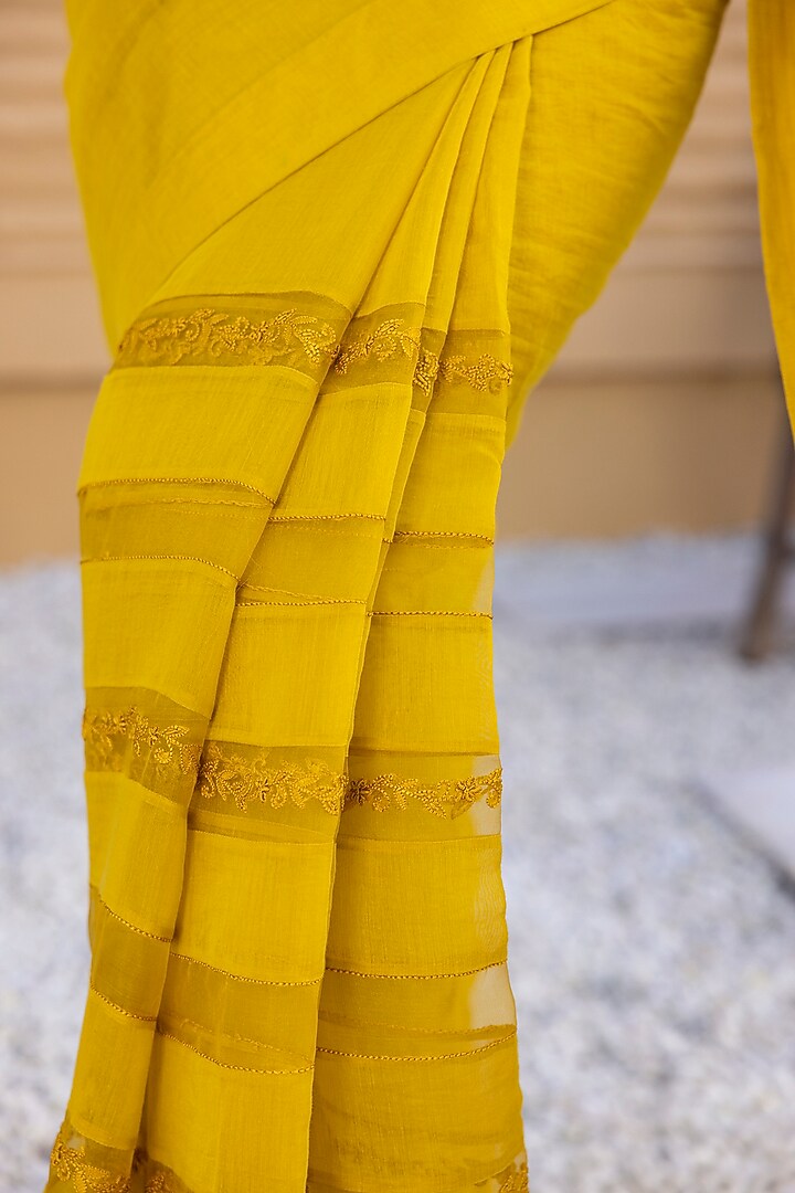 Yellow Organza Chanderi Resham & Thread Embroidered Wedding Saree Set by JANKI INDIA at Pernia's Pop Up Shop