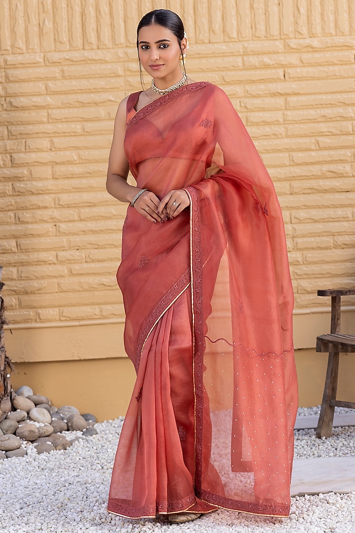 Rust Organza Mukaish Embroidered Saree Set by JANKI INDIA