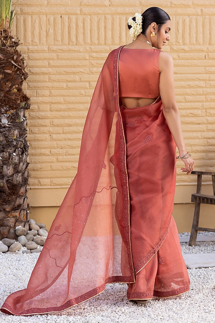 Rust Organza Mukaish Embroidered Wedding Saree Set by JANKI INDIA at Pernia's Pop Up Shop