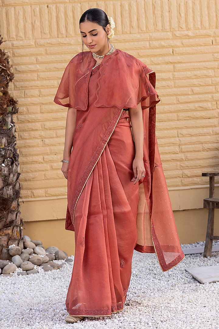 Rust Organza Mukaish Embroidered Wedding Saree Set by JANKI INDIA at Pernia's Pop Up Shop