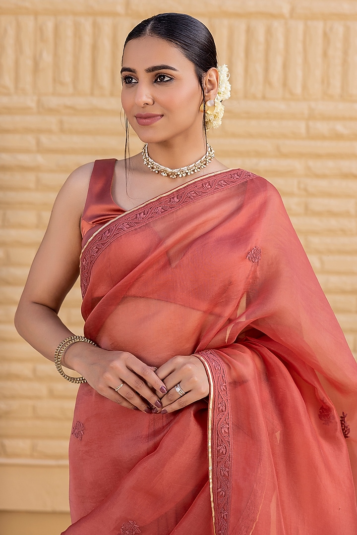 Rust Organza Mukaish Embroidered Wedding Saree Set by JANKI INDIA at Pernia's Pop Up Shop