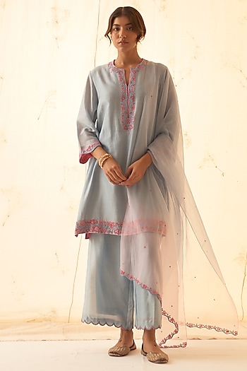 Ice Blue Chanderi Kurta Set by JANKI INDIA at Pernia's Pop Up Shop