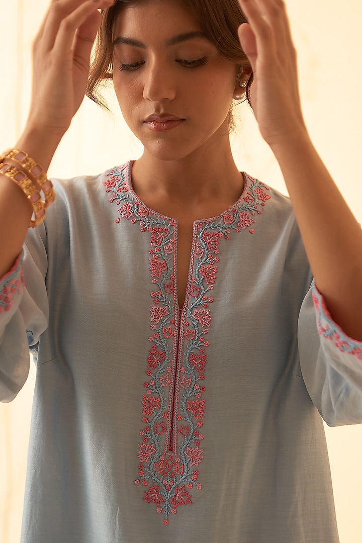 Ice Blue Chanderi Kurta Set by JANKI INDIA at Pernia's Pop Up Shop