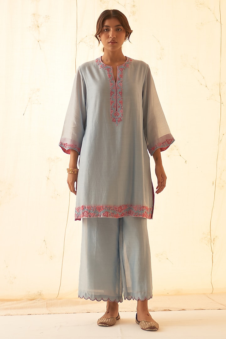 Ice Blue Chanderi Kurta Set by JANKI INDIA at Pernia's Pop Up Shop