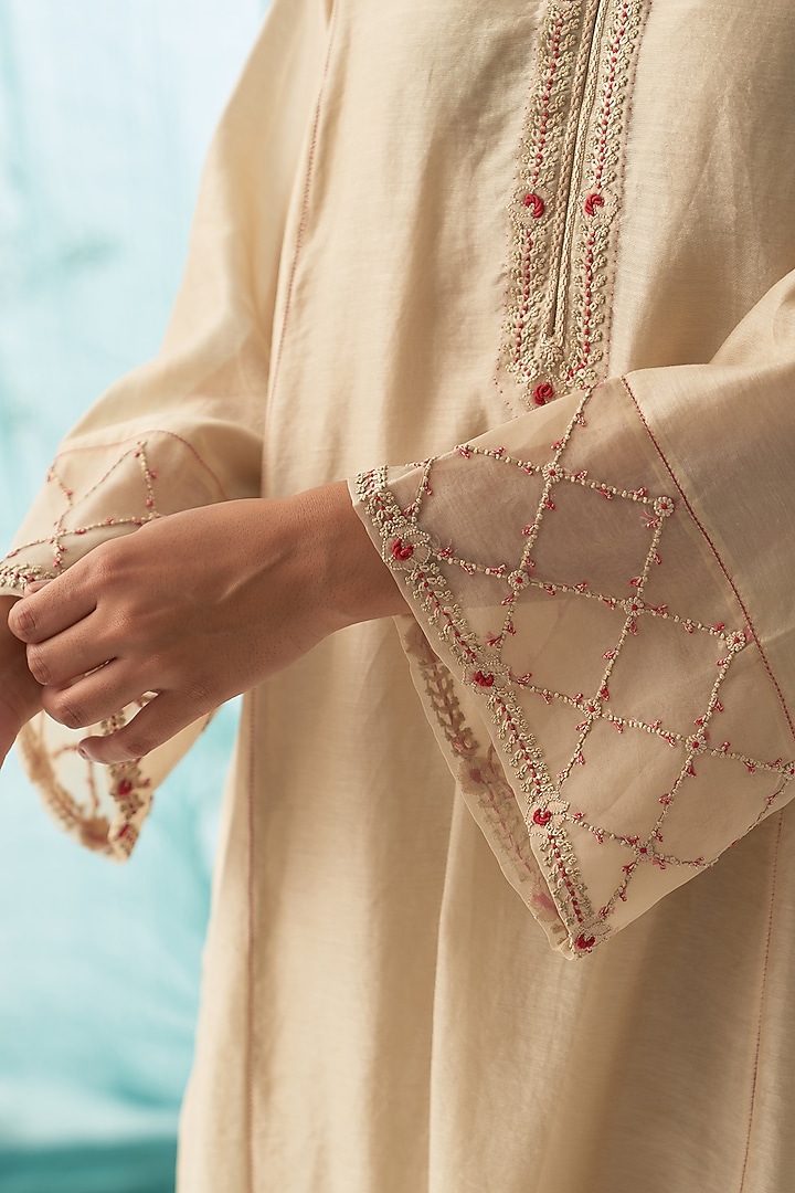 Beige Chanderi Kurta Set by JANKI INDIA at Pernia's Pop Up Shop