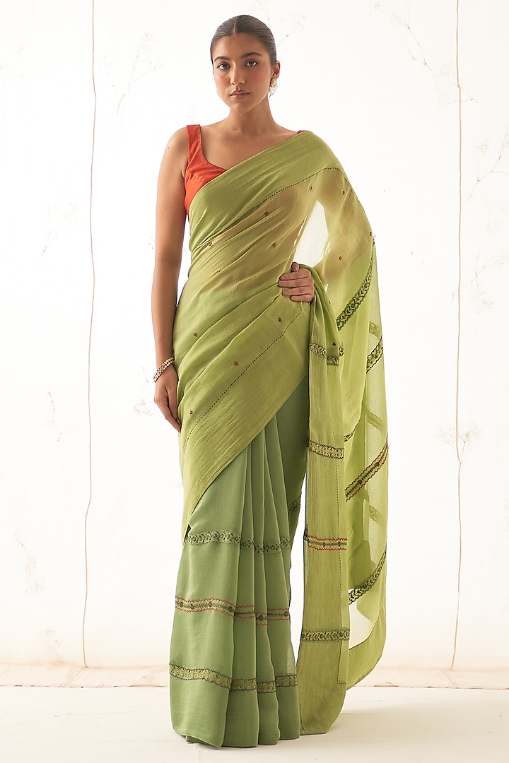 Green Chanderi Hand Work Saree Set by JANKI INDIA at Pernia's Pop Up Shop