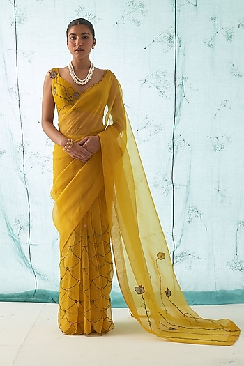 Yellow Organza Hand Work Wedding Saree Set by JANKI INDIA at Pernia's Pop Up Shop