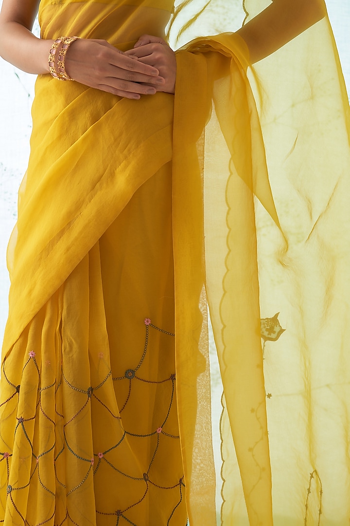 Yellow Organza Hand Work Wedding Saree Set by JANKI INDIA at Pernia's Pop Up Shop