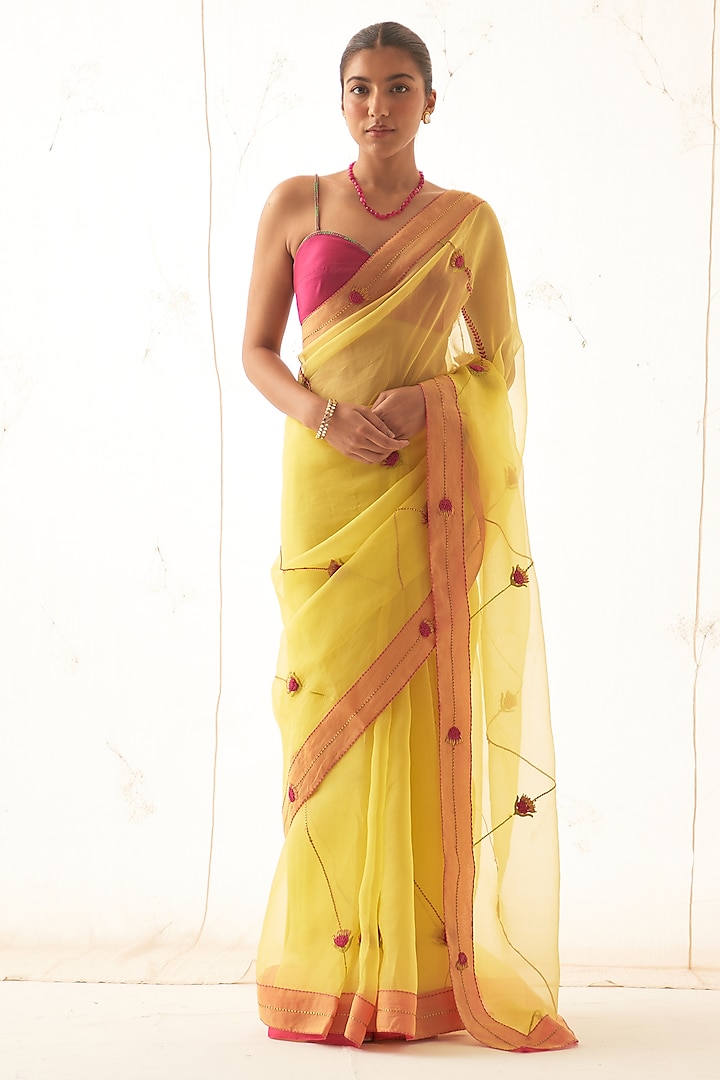 Yellow Organza Hand Work Wedding Saree Set by JANKI INDIA at Pernia's Pop Up Shop
