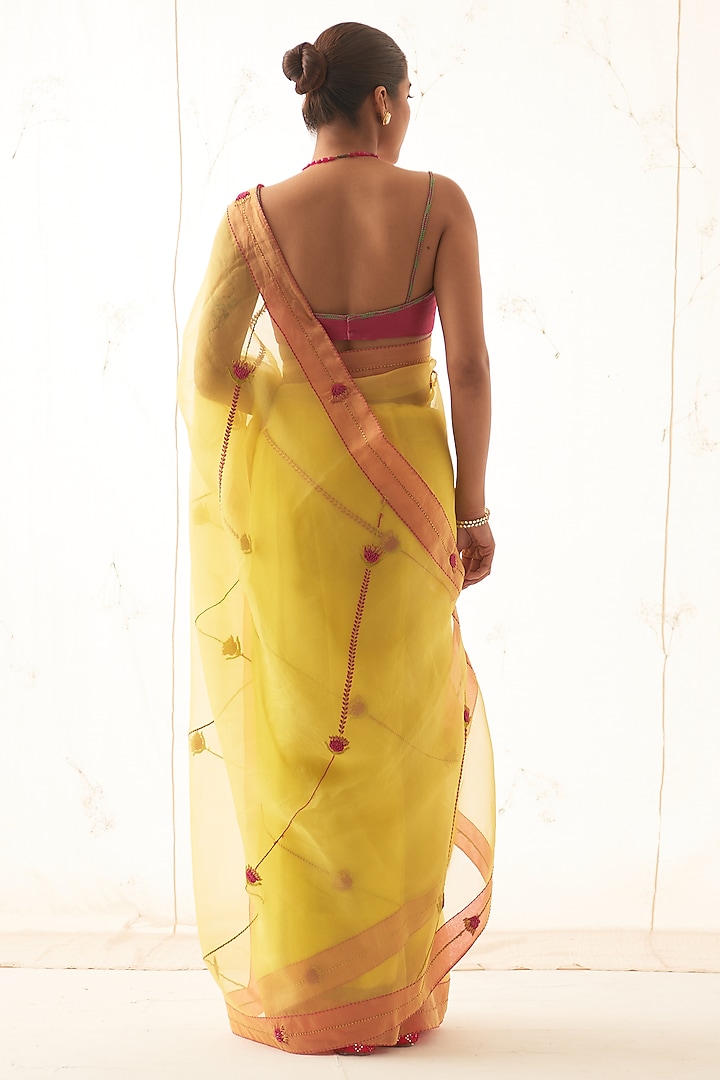 Yellow Organza Hand Work Wedding Saree Set by JANKI INDIA at Pernia's Pop Up Shop