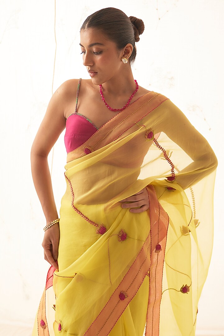 Yellow Organza Hand Work Wedding Saree Set by JANKI INDIA at Pernia's Pop Up Shop