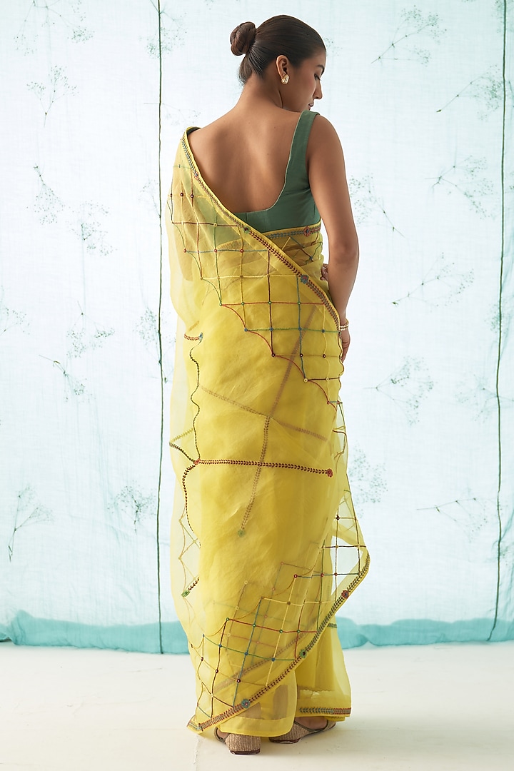 Yellow Organza Hand Work Wedding Saree Set by JANKI INDIA at Pernia's Pop Up Shop